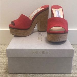 Jimmy Choo Red Suede Cork Platform Wedges